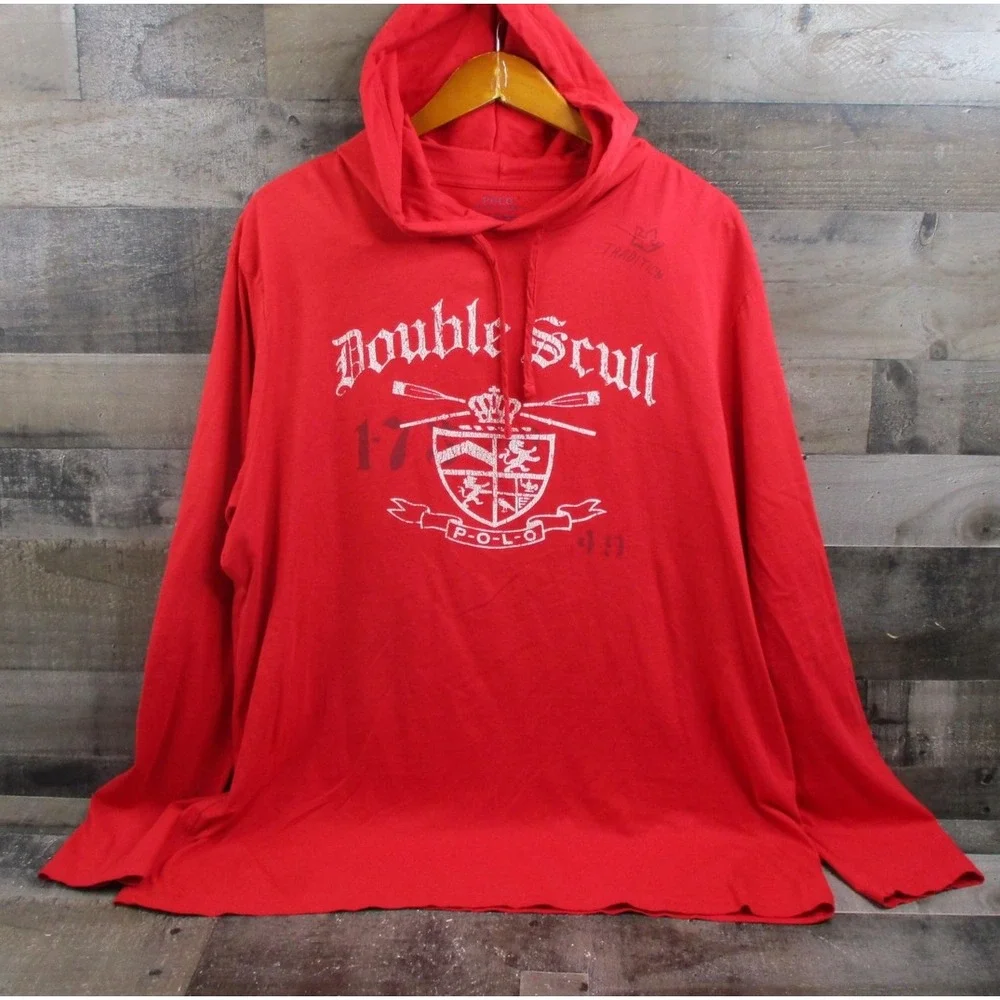 Polo Ralph Lauren Hoodie Shirt Mens XL Red Double Skull Tradition Crest Graphic